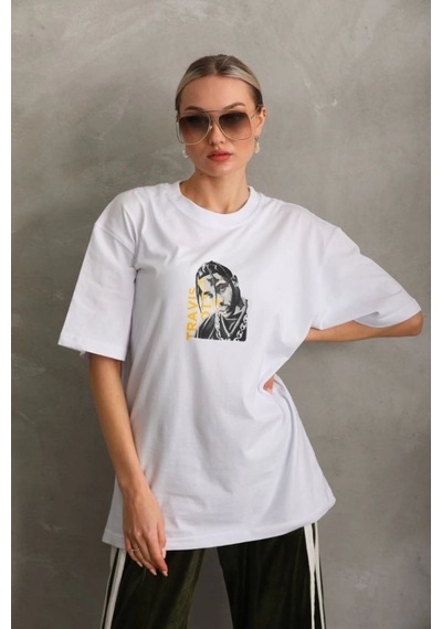 Kadın Baskılı T-shirt Kısa Kol Bisiklet Yaka Oversize Rahat Kalıp Günlük Tişört - Beyaz
