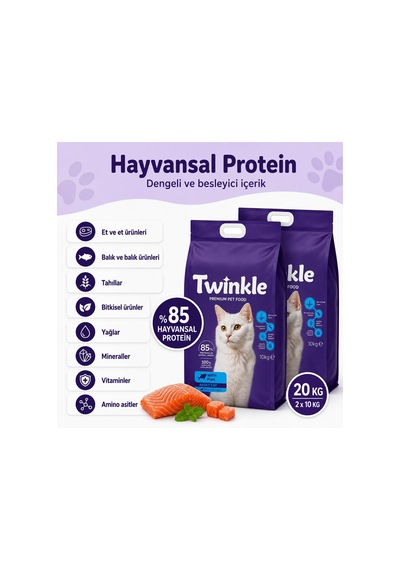 2As Twinkle Yetişkin Kedi Maması 20 Kg - Balıklı Kedi Maması - 2 X 10 Kg Paket -%85 Hayvansal Protein - Tam Ve Dengeli Beslenme - Tüy Ve Deri Desteği 12 Gri
