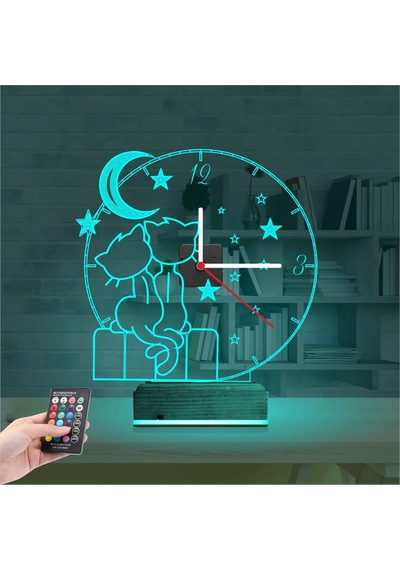 Luvivia Kedi Tasarım Çocuk Odası Saatli 3d Lamba - Masa Gece Lambası Şeffaf
