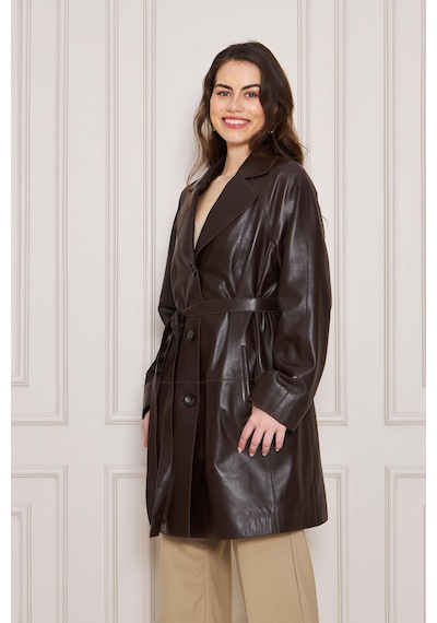 M M Marki Marki Kadın Hakiki Deri Trençkot Kahverengi, V Yaka, Kuşaklı, Düğme Kapamalı, Oversize, 90 Cm - 117122