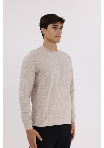 Rowinger Petek Yüzeyli Bisiklet Yaka Rahat Kalıp Lastik Manşetli Mevsimlik Sweatshirt Beıge