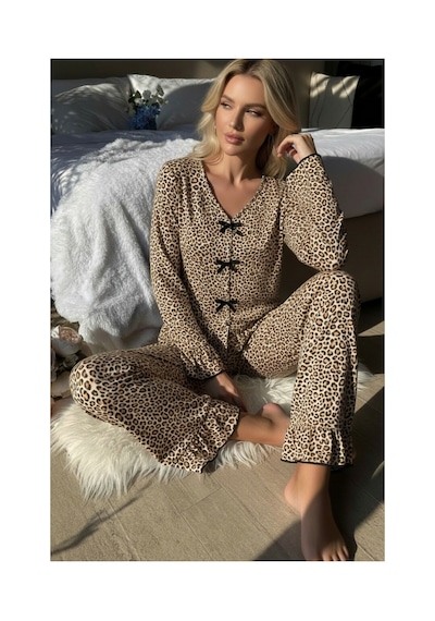 Fantezia Night Kadın Uzun Kollu Leopar Desenli Fiyonklu Ev Giyim Pijama Takımı