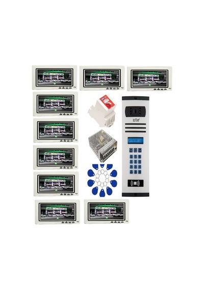 9 Daire Nts 2015-b 7'' Görüntülü Diafon Beyaz-8004 Tuş Takımlı Şifreli+geçişli Zil Panelli Set