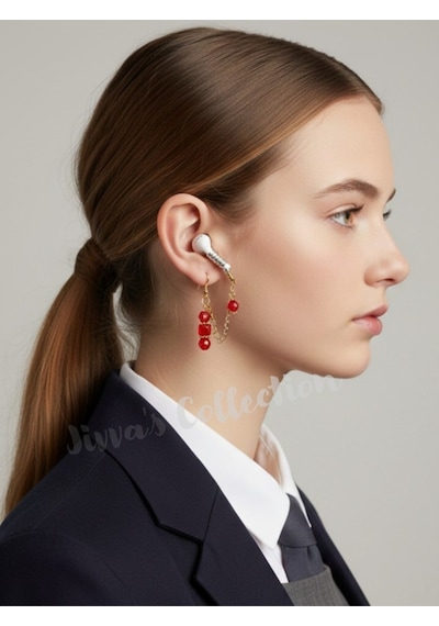 Bluetooth Kulaklık Kayıp Önleyici.kırmızı Boncuklu Küpe Ve Çıkarılabilir Kulak Tutucu. Özel Tasarım