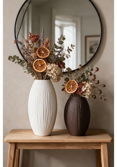 Pinterest 2'li Vazo Set - Modern Salon Dekoru, Hediyelik - Hindistan Cevizi Dokulu - Beyaz/acı Kahve