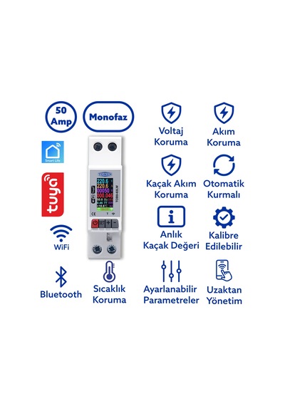 Tomzn Akıllı Kaçak Akım Rölesi Ve Voltaj Akım Koruma Rölesi 50a Wifi Özellikli Smartlife