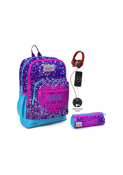 Coral High Kız Çocuk Okul Çantası Ve Kalemlik Seti Mor Mavi Kalp Usb Soketli