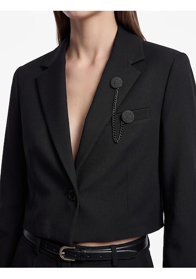 Koton Broşlu Geniş Yaka Uzun Kollu Crop Blazer Ceket Siyah 7wak50049uw