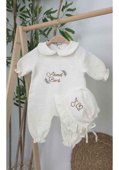 Gros Shop Müslin Yeni Doğan 4katlı Organik %100pamuk Kişiye Özgü Nakışlı Hastane Çıkış Seti Dal Modell-2 Ekru-2