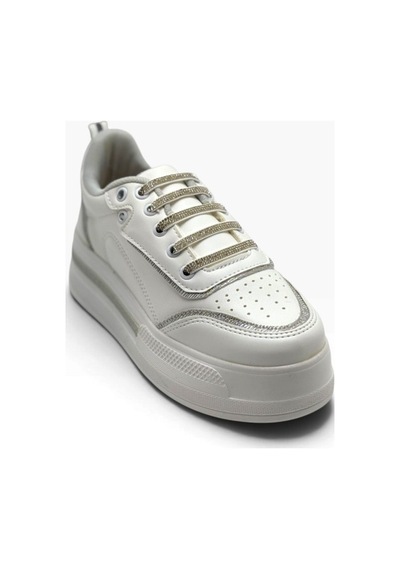 Flet 319-26 Cilt Deri Simli Gölgeli Anatomik Dolgu Taban Kadın Sneaker Beyaz