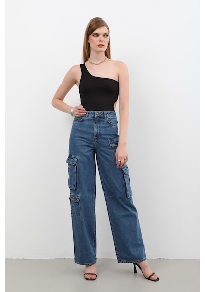 Kadın Baggy Kalıp Kargo Cepli Jean Pantolon Mavi 001