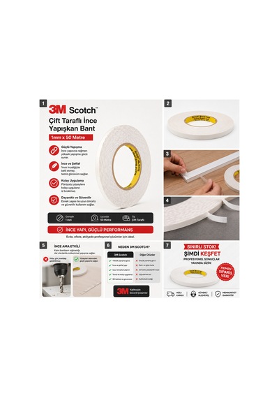 Çift Taraflı Bant 1 Mm X 50 Metre Güçlü Beyaz Yapıştırıcı Bant