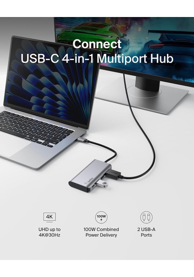 Belkin Usb C 4'ü 1 Arada Çok Bağlantı Noktalı Adaptör 4k Hdmi, U