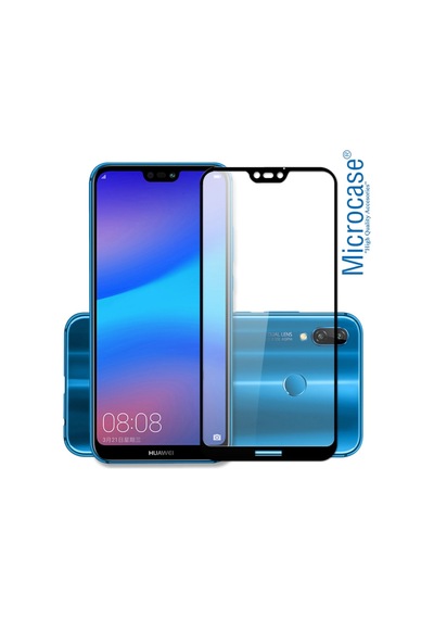 Huawei P20 Lite Tam Kaplayan Çerçeveli Tempered Cam Koruma-Siyah
