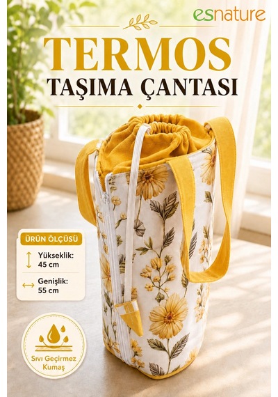 Esnature Sıvı Geçirmez Duck Kumaş Termos Taşıma Çantası 45x55 Cm Omuz Askılı Piknik Ve Seyahat Çan Sarı