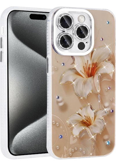 Apple Uyumlu iPhone 15 Pro Max Kılıf Çiçek Desenli Parlak Taşlı Sert Silikon Garden Kapak Beyaz Beyaz