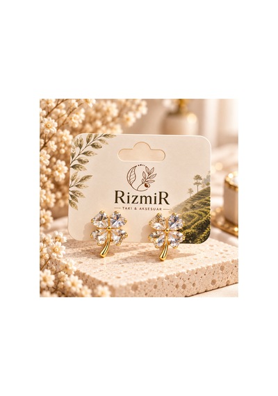 Gold Taşlı Yonca Kadın Küpe Altın