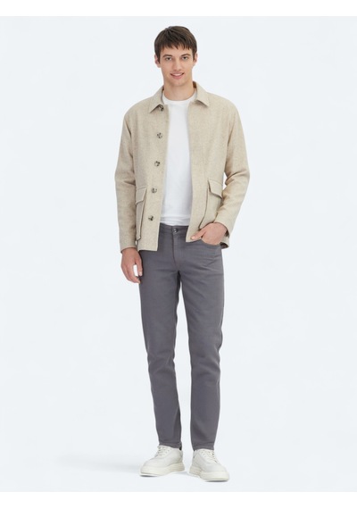 Kip Bej Oversize Fit Uzun Dokuma Yün Karışımlı Overshirt