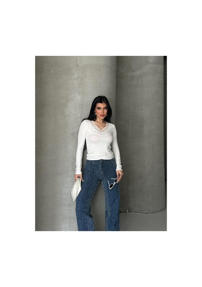 Dima Fashion Dantel Detaylı Bluz Beyaz