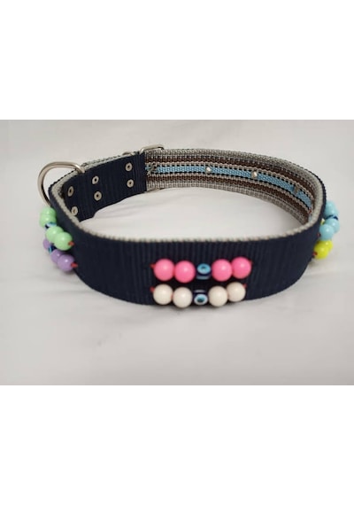 Kozaklı 10470 Süslü Boncuklu El İşlemeli Köpek Tasması Lacivert 70 x 4 CM Lacivert