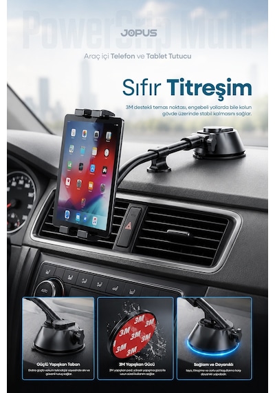 Ultra Stabil Vakumlu Araç İçi Telefon Tablet Tutucu 360 Dönebilen Ayarlanabilir Vantuzlu Araba Üstü