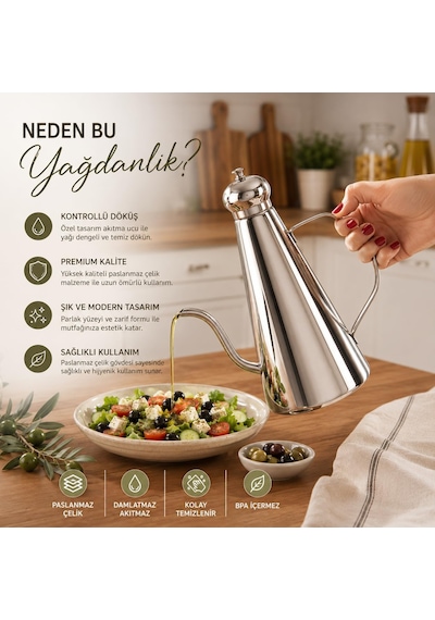 Paslanmaz Çelik Yağdanlık 650 Ml Damlatmaz Akıtmaz Kontrollü Yağdanlık
