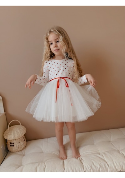 Linola Baby Kids Love - Ekru Kalpli Uzun Kollu Tütü Etekli Elbise Ekru