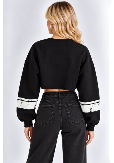 Mevese Malibu Baskılı Rahat Kesim Bisiklet Yaka Crop Sweatshirt- Siyah