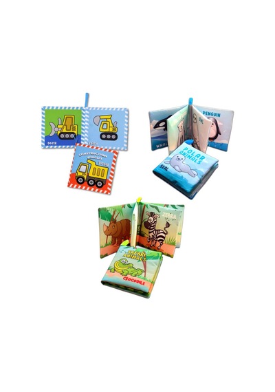 3 Kitap Tox İngilizce İş Makinaları , Safari Ve Kutup Hayvanları Kumaş Sessiz Kitap E118 E125 E130 - Bez Kitap