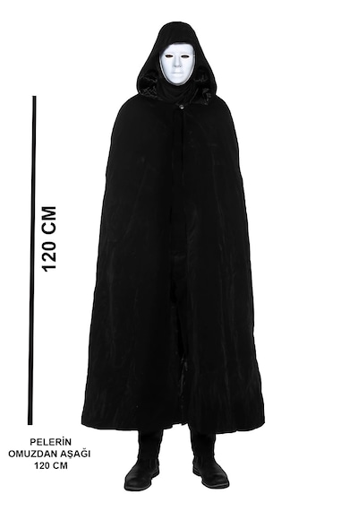 Siyah Kapüşonlu 120 Cm Pelerin Ve Beyaz Boyanabilir Tam Yüz Maske 5690 "