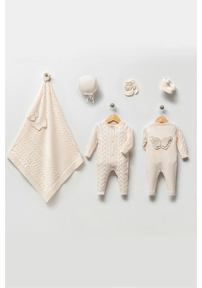 Juniba Kids Angel Kız Bebek Ekru Premium Melek Kanadı Detaylı Triko 6'lı Set Ekru