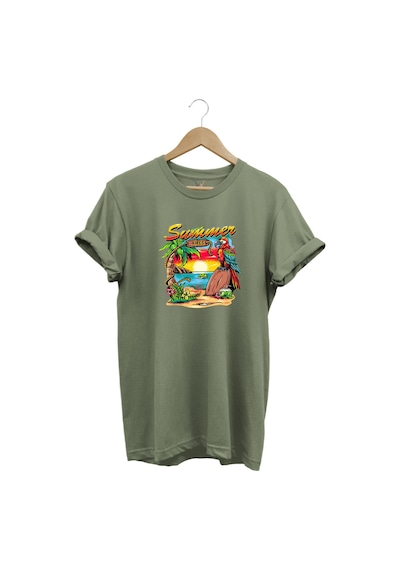 Renkli Summer Vibes Tasarım Baskılı Ve Papağan %100 Pamuk Regular Fit Premium Haki T-shirt Haki