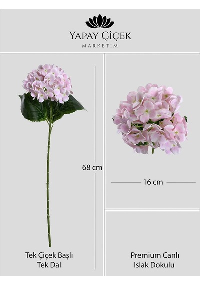 Toz Pembe Yapay Çiçeği Ortanca Tek Dal Premium Canlı Islak Dokulu 68 Cm