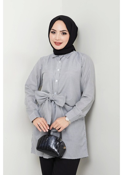 Çizgili Poplin Bağlamalı Gömlek - Siyah / Ü103 Siyah