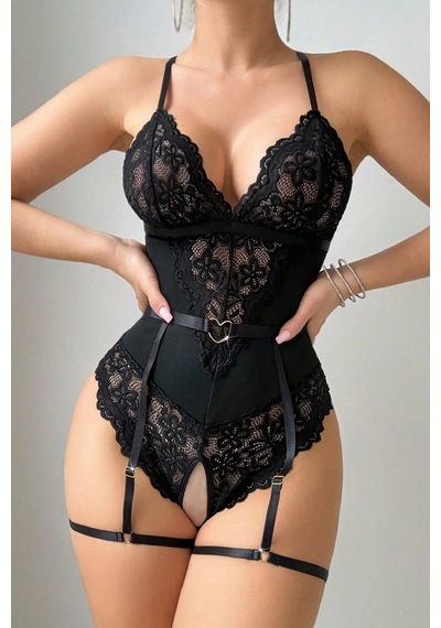 Angbutik Kadın Siyah Dantel Jartiyerli Bodysuit Gecelik - Kemer Detaylı