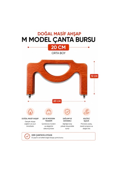 Vollen Yarn Doğal Masif Ahşap M Model Çanta Bursu 20 Cm El Yapımı Çanta Çerçevesi Çanta Aparatı Çanta Aksesuarı Bej