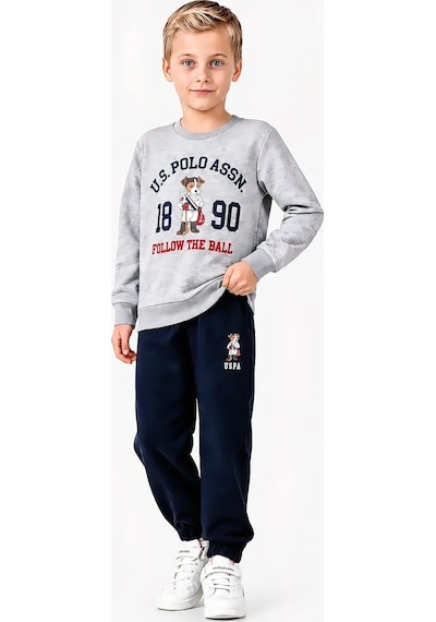 U.S. Polo Assn. Karakter Baskılı Sweatshirt & Eşofman Altı Erkek Çocuk İkili Takım Gri Melanj