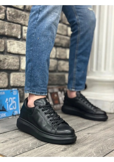 Kadın Erkek Unisex Bağcıklı Deri Yüksek Tabanlı Rahat Günlük ... Siyah