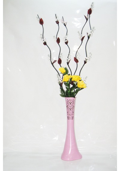 60 Cm Pembe Desenli Uzun Vazo 5 Adet Beyaz Salkım Üzüm 4 Sarı Gül