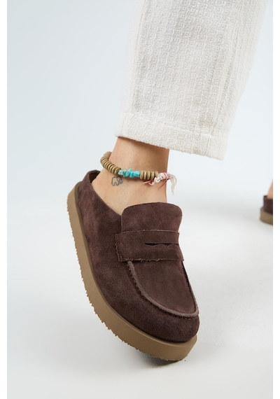Manijero Ziva Kadın Hakiki Deri Loafer Platform Açık Kahve Terlik Kahverengi
