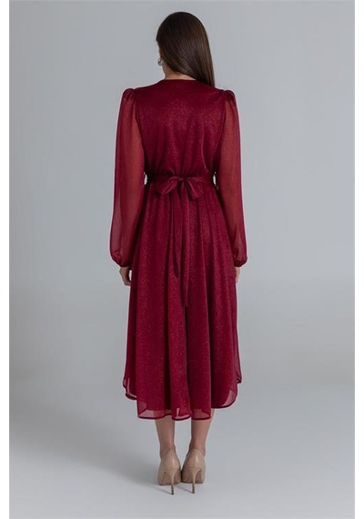 Dip Moda Dipmoda Kadın Kemerli Kruvaze Yaka Simli Gece Elbisesi Dpnbmy3590 Bordo
