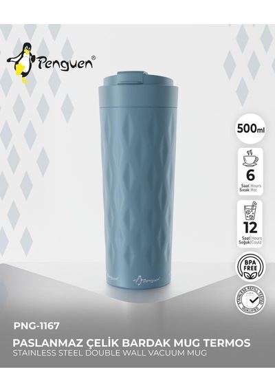 Png-1167 500ml Flip Kapak Desenli Çelik Mug 6 Saat Sıcak 12 Saat Soğuk Sızdırmaz & Bpa Free Açık Mavi