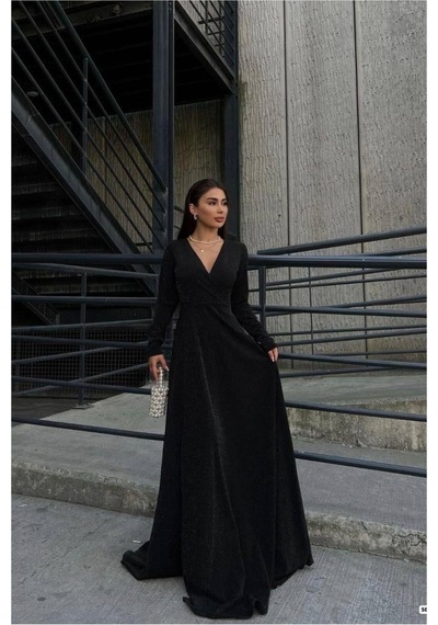 DefyModa Kadın Krep Kumaş Kruvaze Yaka Yırtmaçlı Maxi Abiye Elbise Siyah