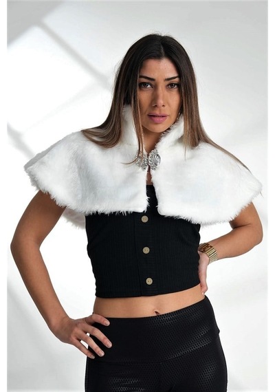 Genel Beyaz Broşlu Kürk Etol Bolero