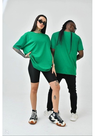 Unisex Basic Bisiklet Yaka Oversize T-shirt - Yeşil