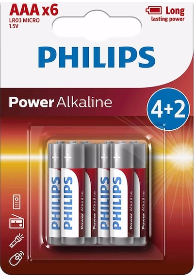 Philips LR03P6BP/10 Power Alkalin 4+2 AAA İnce Kalem Pil 6'lı