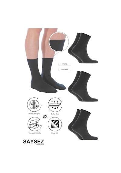 Saysez Bambu Erkek Lastiksiz Füme Soket Dikişsiz Premium Çorap 3'lü Paket / İz Bırakmaz / Sıkmayan Çorap Füme