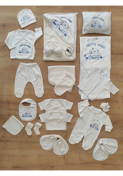 Tomuycuk 20'li Erkek Bebek Hastane Çıkışı Havlu %100 Pamuklu Ayıcık Nakışlı Hediyelik Mevsimlik Yenidoğan Ekru