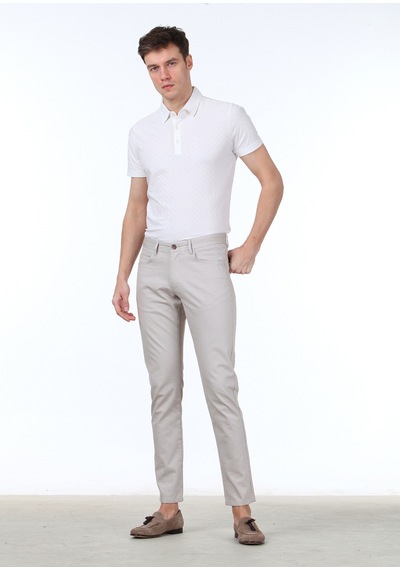 Ramsey Bej Dokuma Slim Fit Casual Pamuk Karışımlı Pantolon
