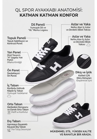 Ayakkabı Fuarı Elit Asqla1457 Kadın Klasik Sneaker Siyah - Beyaz